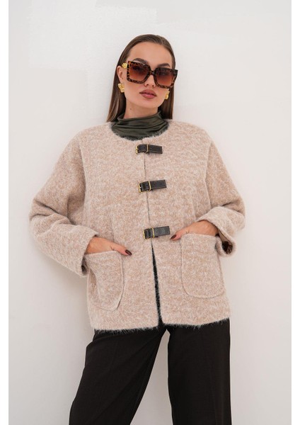 Çift Cepli Deri Toka Detaylı Bej Ceket SRP1057-1 fiyatları