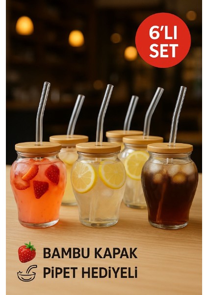 6'lı Çilek Desenli 400 ml Borosilikat Cam Bardak – Bambu Kapaklı, Cam Pipet Hediyeli