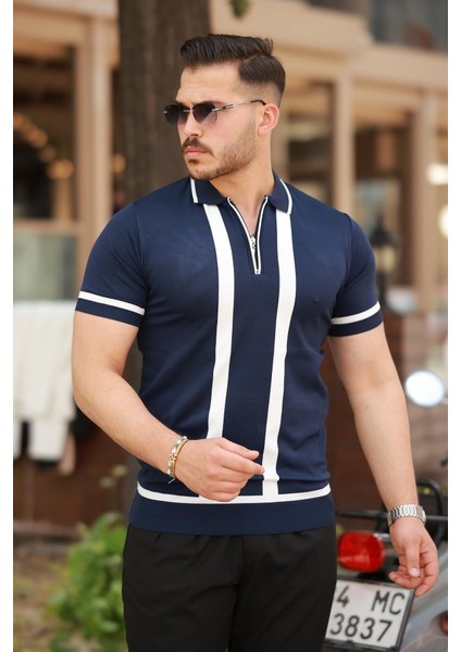 Erkek Fermuar Yakalı Şerit Detaylı Kısa Kollu Tişört