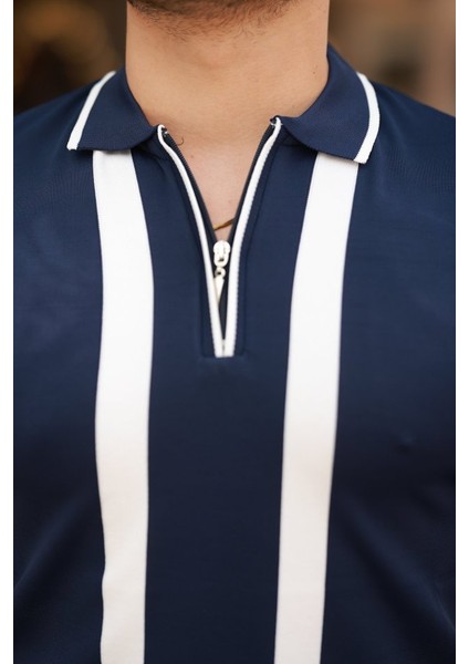 Erkek Fermuar Yakalı Şerit Detaylı Kısa Kollu Tişört modelleri