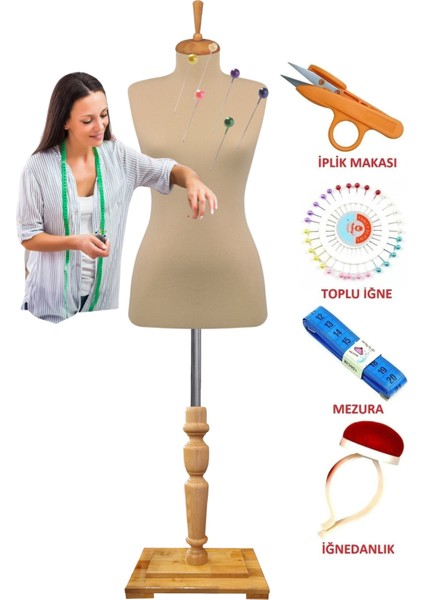 Dikiş Setli Özel Cilalı Mobilya Ayaklı 44 Beden Dikine ve Yatay Iğne Batabilen Terzi Mankeni