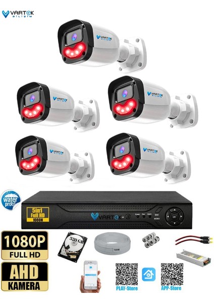 5`li 5mp Full Hd 1080P Atom Ledli Güvenlik Kamera Seti Gece Görüşlü Tak Çalıştır Ip Gerektirmez Su Geçirmez