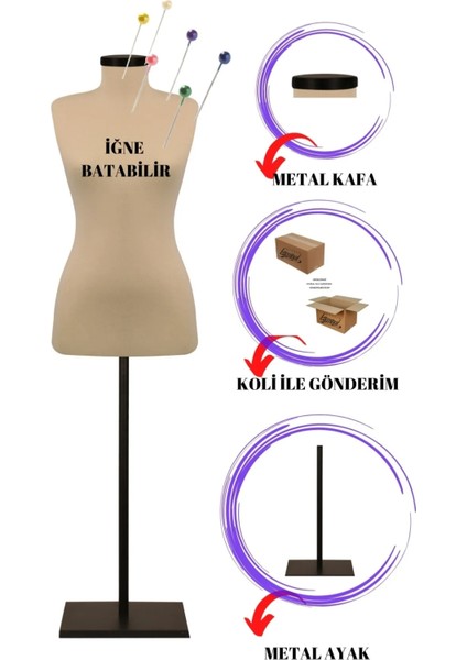42 Beden Metal Ayaklı Süngerli Krem Kumaş Iğne Batabilen Terzi Mankeni) Po-01