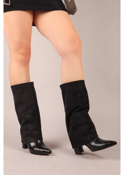 Selora Süet-Kroko Garnili Topuklu Çizme Siyah