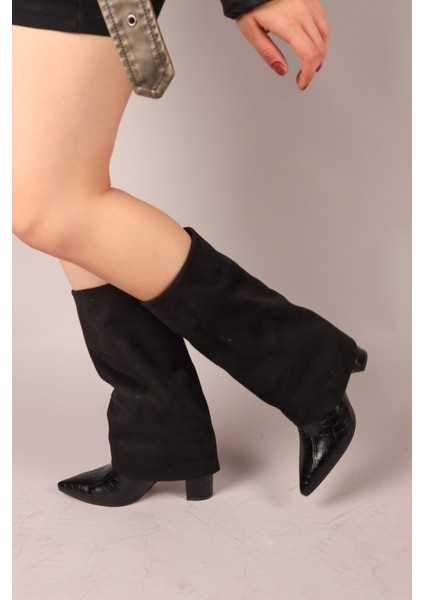 Selora Süet-Kroko Garnili Topuklu Çizme Siyah fiyatları