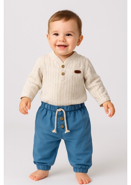 V Yaka Çizgili %100 Pamuk Müslin Kumaş Bebek ve Çocuk Erkek Ikili Takım