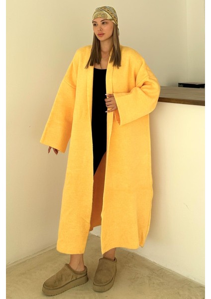Oversize Kalın Triko Uzun Hırka Sarı 8274