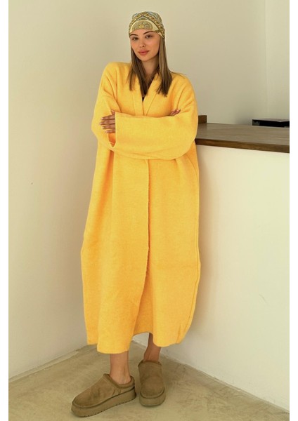 Oversize Kalın Triko Uzun Hırka Sarı 8274 modelleri