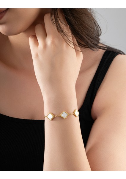 925 Ayar Beyaz Sedef Taşlı Gold Üçlü Yonca Gümüş Bileklik fiyatları
