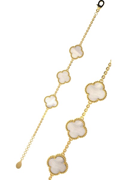 925 Ayar Beyaz Sedef Taşlı Gold Üçlü Yonca Gümüş Bileklik modelleri