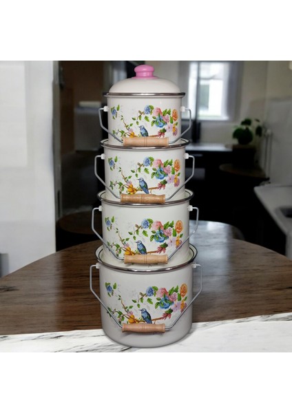 Emaye Bakraç Yoğurt Bakliyat Saklama Seti 16-18-20-22 cm 2 Lt 3 Lt 4 Lt 5 Lt Desenli