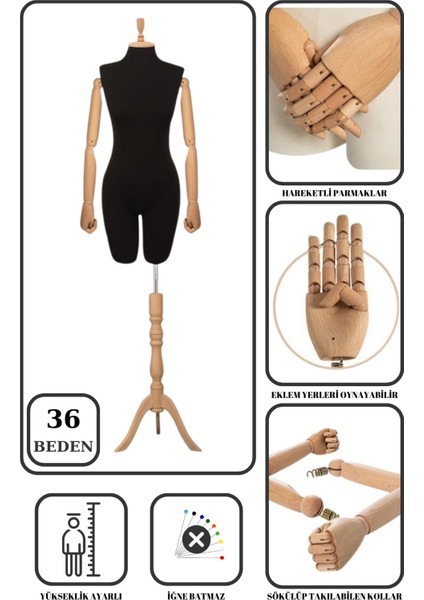 36 Beden Ahşap Kukla Kumaş Kafalı Pantolon Giyebilen Terzi Mankeni