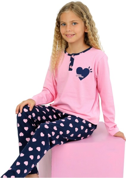 Kız Çocuk Kalp Baskılı Uzun Kollu %100 Pamuklu Düğme Detaylı Pijama Takımı 10/15 Yaş