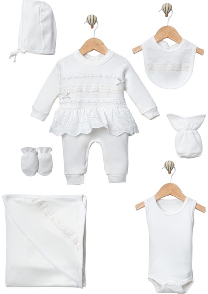 Brodeli Etekli Yeni Doğan Kız Bebek Hastane Çıkışı Battaniye'li Tulum Seti 7 Parça fiyatları