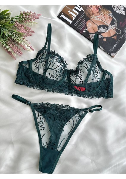 Koyu Yeşil Dantelli Brode Iç Çamaşır Takımı Bralette (Balenli Sütyen &tanga) modelleri