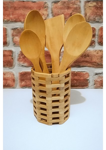 Yuvarlak Bambu Standlı - Ahşap Kaşık Spatula Servis Seti -6 Parça