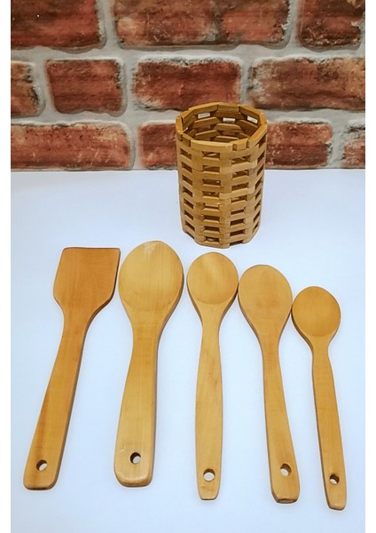 Yuvarlak Bambu Standlı - Ahşap Kaşık Spatula Servis Seti -6 Parça fiyatları