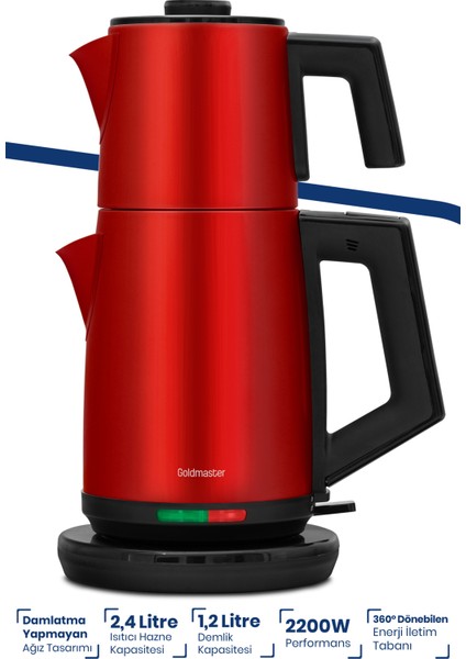 Kırmızı Xl 2200W Damlatmayan Çelik Çay ve Su Isıtıcı