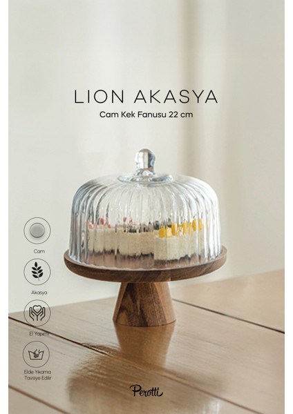 Lion Akasya Standlı Cam Kek Fanusu Ayaklı 22 cm