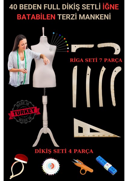 40 Beden Full Iğne Batabilen Dikiş Setli ve Riga Setli Terzi Mankeni Beyaz Takım