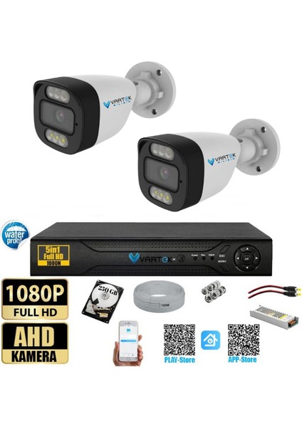 2 Kameralı Güvenlik Kamera Seti 5mp 1080P Full Hd Tam Renkli Gece Görüş Dvr Kayıt Cihazlı Tak Çalıştır Sistem