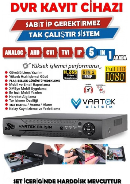 2 Kameralı Güvenlik Kamera Seti 5mp 1080P Full Hd Tam Renkli Gece Görüş Dvr Kayıt Cihazlı Tak Çalıştır Sistem indirimleri
