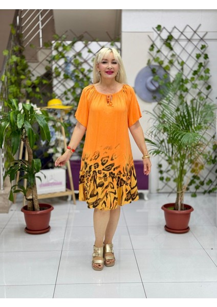 NC10526 Italyan Yaka Lastikli Leoparlı Coton Elbise Oranj fiyatları