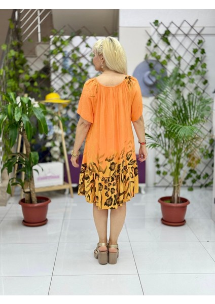NC10526 Italyan Yaka Lastikli Leoparlı Coton Elbise Oranj fırsatları