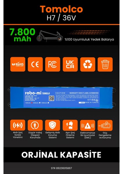 Tomolco H7 / 36V 7800MAH Elektrikli Scooter Bataryası - Koruma Katmanlı Batarya Teknolojisi modelleri