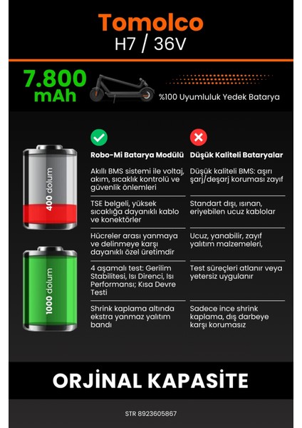 Tomolco H7 / 36V 7800MAH Elektrikli Scooter Bataryası - Koruma Katmanlı Batarya Teknolojisi