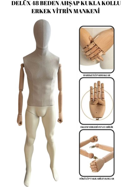 Delüx 48 Beden Erkek Ahşap Kollu Kumaş Kaplı Vitrin Mankeni Cansız Manken Taş Manken