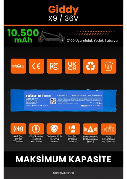 Giddy X9 / 36V 10500MAH Elektrikli Scooter Bataryası - Gerçek Kapasite, Maksimum Güvenlik modelleri