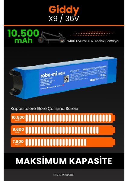 Giddy X9 / 36V 10500MAH Elektrikli Scooter Bataryası - Gerçek Kapasite, Maksimum Güvenlik fırsatları