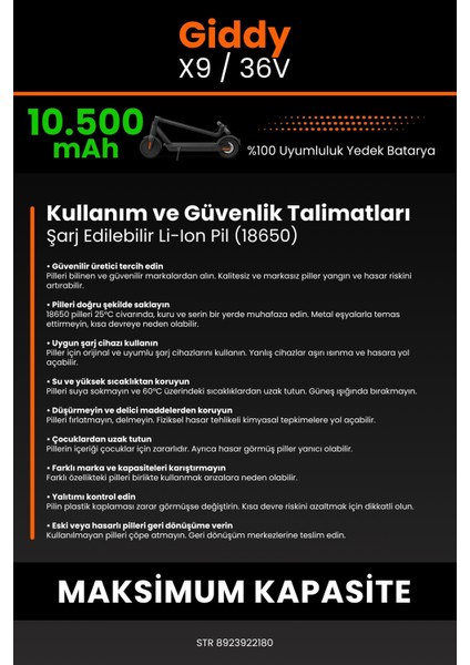 Giddy X9 / 36V 10500MAH Elektrikli Scooter Bataryası - Gerçek Kapasite, Maksimum Güvenlik