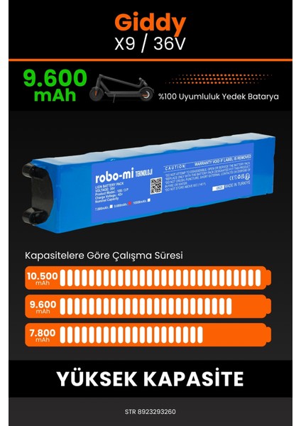 Giddy X9 / 36V 9600MAH Elektrikli Scooter Bataryası - Gerçek Kapasite, Maksimum Güvenlik fırsatları