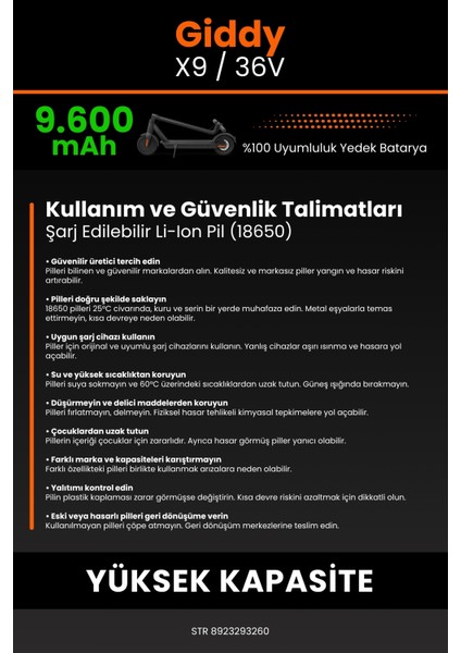 Giddy X9 / 36V 9600MAH Elektrikli Scooter Bataryası - Gerçek Kapasite, Maksimum Güvenlik