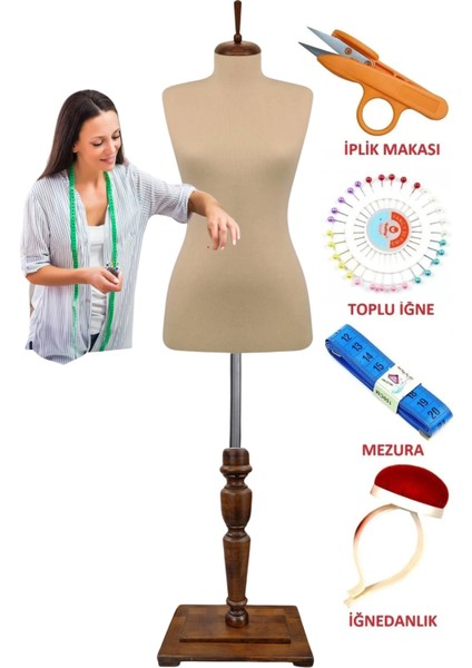 Dikiş Setli Özel Ceviz Mobilya Ayaklı 36 Beden Dikine ve Yatay Iğne Batabilen Terzi Mankeni