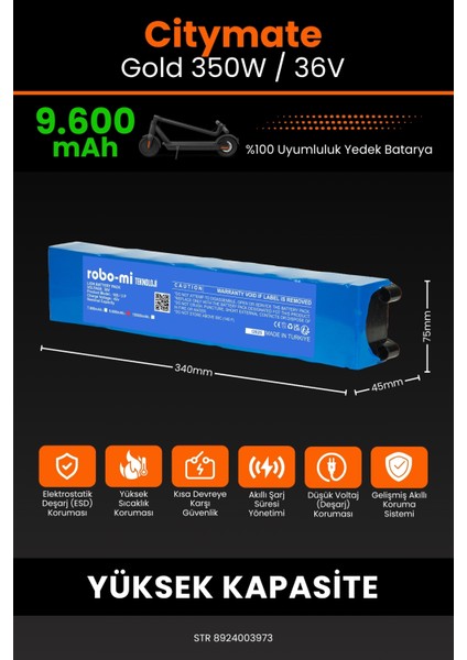 Citymate Gold 350W / 36V 9600MAH Elektrikli Scooter Bataryası - Koruma Katmanlı Batarya Teknolojisi fiyatları