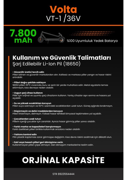 Volta Vt-1 /36V 7800MAH Elektrikli Scooter Bataryası - Yüksek Yoğunluklu Li-Ion Hücre