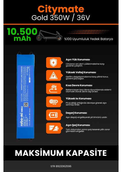 Citymate Gold 350W / 36V 10500MAH Elektrikli Scooter Bataryası - Yüksek Yoğunluklu Li-Ion Hücre indirimleri