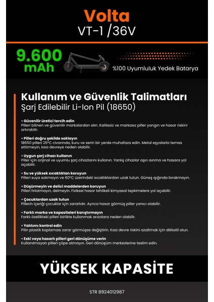 Volta Vt-1 /36V 9600MAH Elektrikli Scooter Bataryası - Yüksek Yoğunluklu Li-Ion Hücre