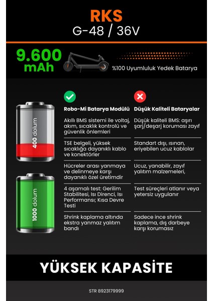 Rks G-48 / 36V 9600MAH Elektrikli Scooter Bataryası - Yüksek Yoğunluklu Li-Ion Hücre