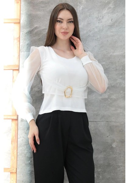 Tokalı Tül Kollu Bluz Beyaz T4071
