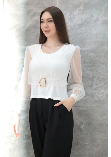 Tokalı Tül Kollu Bluz Beyaz T4071 fırsatları