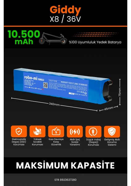 Giddy X8 / 63V 10500MAH Elektrikli Scooter Bataryası - Gerçek Kapasite, Maksimum Güvenlik fiyatları