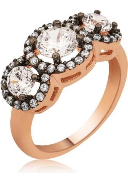 Gümüş Rose Pırlanta Montür 3 Taş Tria Bayan Yüzük