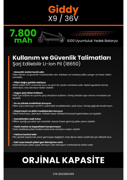 Giddy X9 / 36V 7800MAH Elektrikli Scooter Bataryası - Yüksek Yoğunluklu Li-Ion Hücre