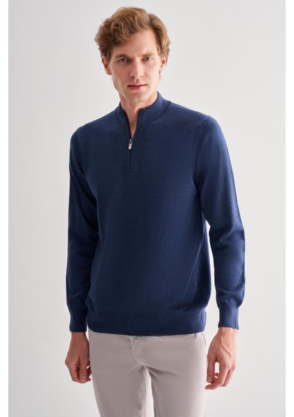 Indigo Mavi Fermuarlı Dik Yaka Uzun Kol Cepsiz Comfort Fit Classic Pamuklu Triko Kazak 1012255201