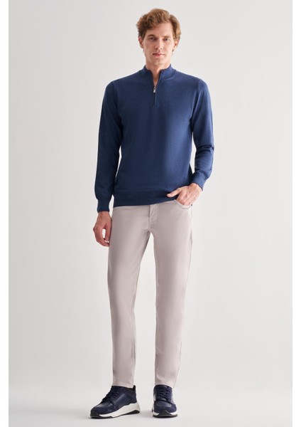 Indigo Mavi Fermuarlı Dik Yaka Uzun Kol Cepsiz Comfort Fit Classic Pamuklu Triko Kazak 1012255201 fiyatları