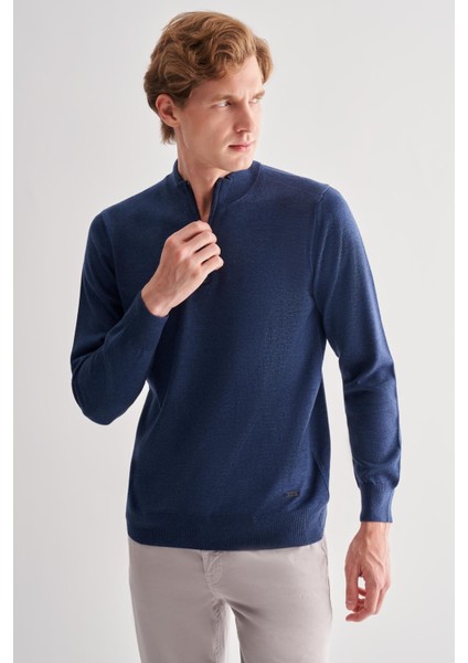 Indigo Mavi Fermuarlı Dik Yaka Uzun Kol Cepsiz Comfort Fit Classic Pamuklu Triko Kazak 1012255201 modelleri